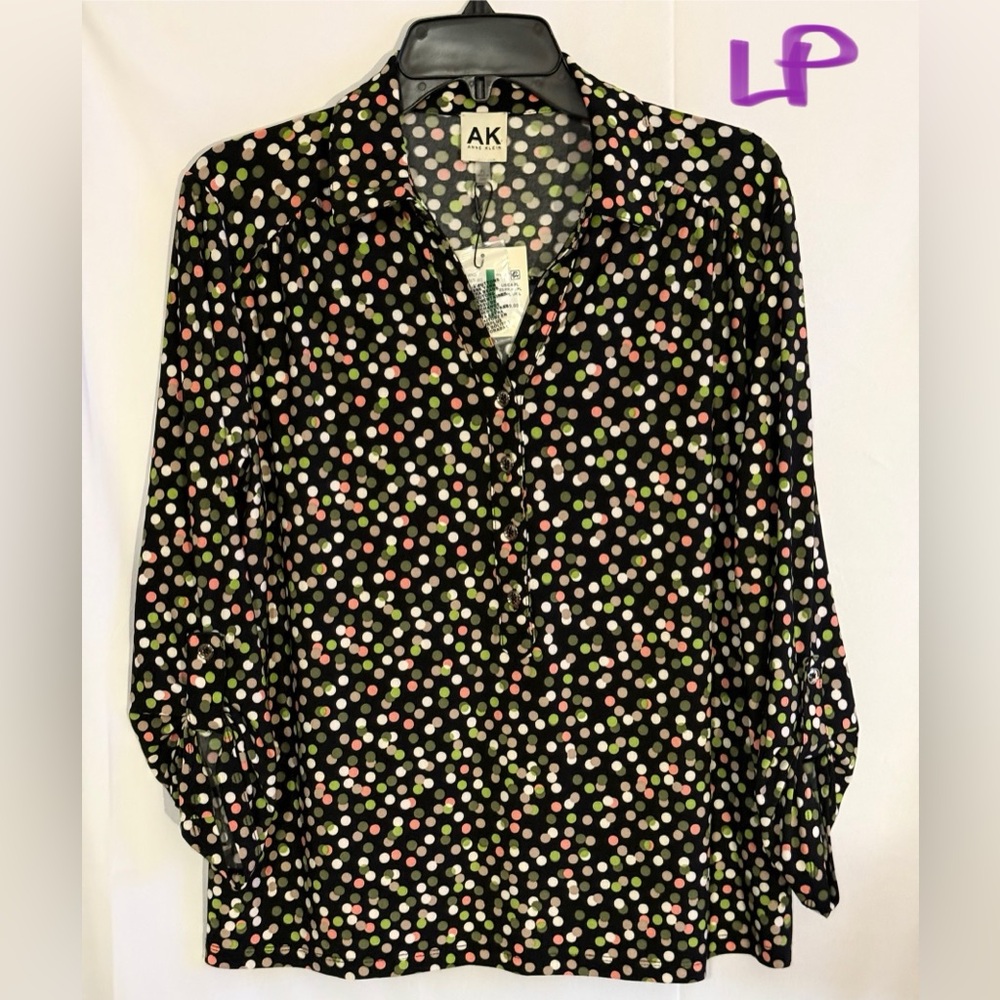 Anne Klein Black Blouse with Colorful Dots